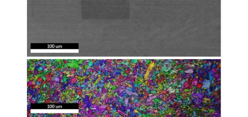 SEM image and EBSD map of steel sample